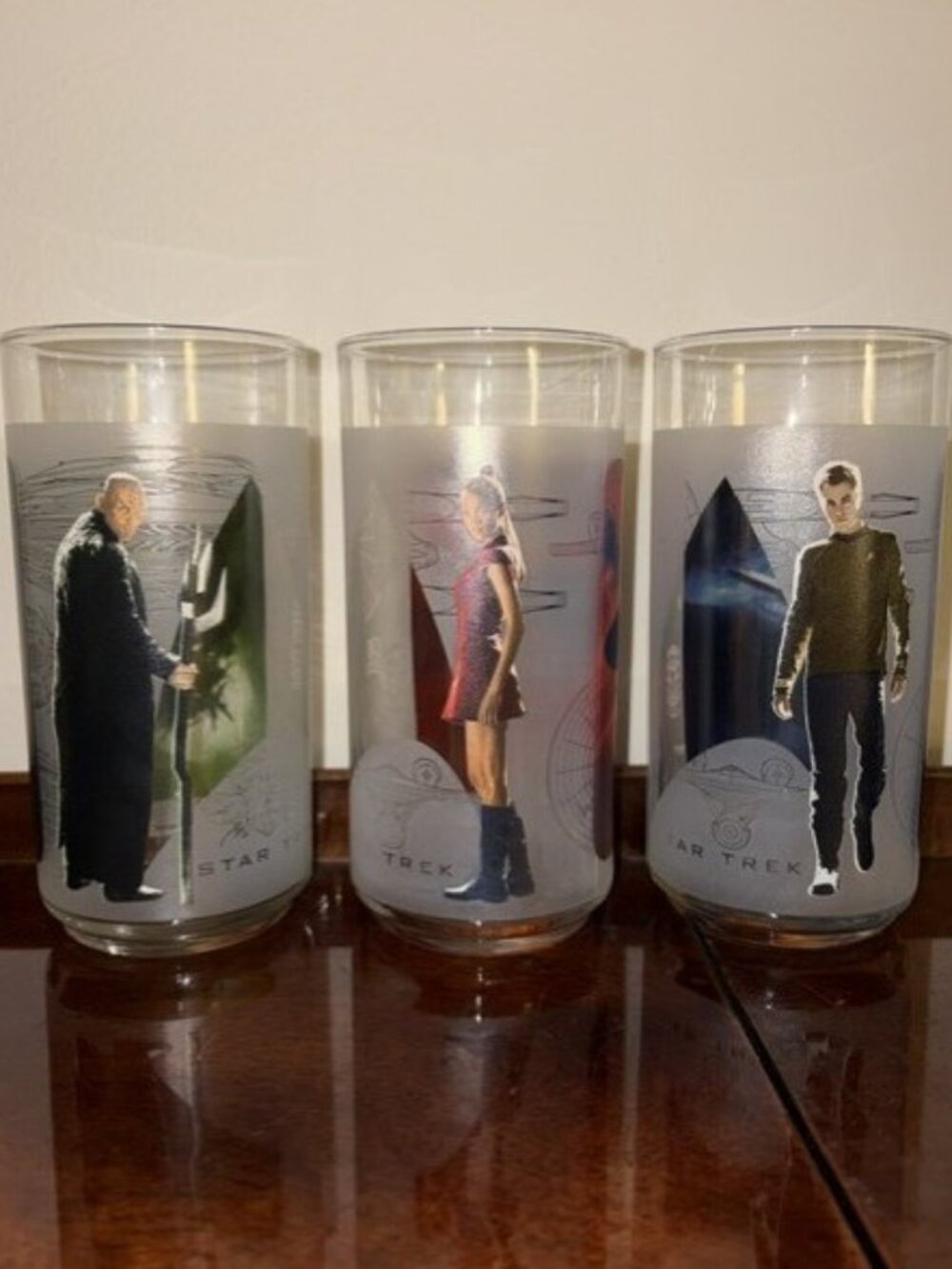 Set of 3 2008 Star Trek Collectible Glasses Captain Kirk, Uhura, Nero